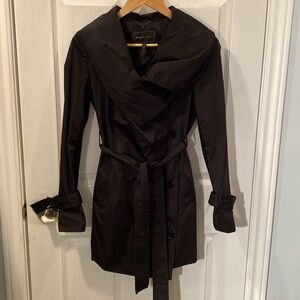 BCBGMaxAzria Black Trench Coat • Large Collar, Belt, Buttons, Knee Length